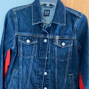 GAP Blue Denim Jacket with Vibrant Red Fringe